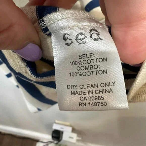 SEA NY Striped Eyelet Long Sleeve Shift Dress Women L Stretch Cotton Scoop Neck - Picture 6 of 8